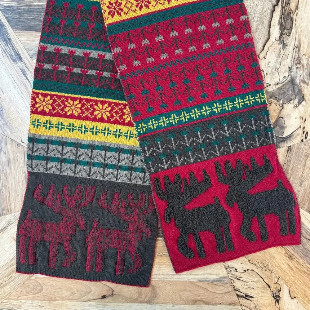 Vintage Fair Isle Knit Blanket Scarf Oversized Holiday Christmas Moose 76
